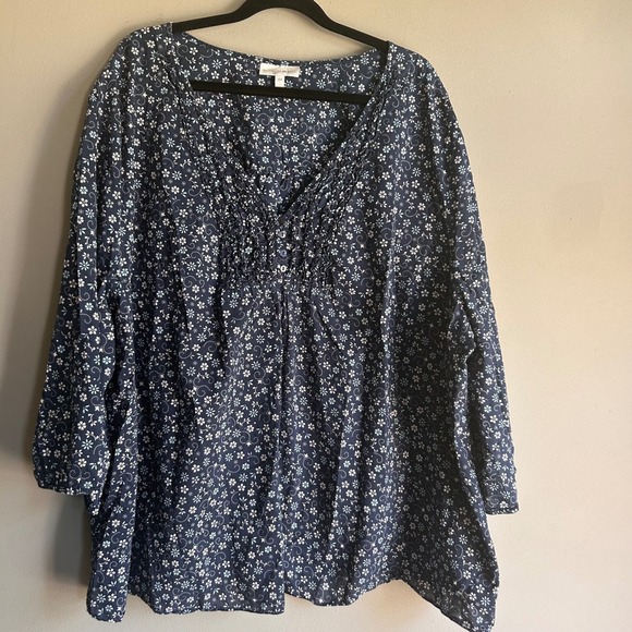Fashion Bug Tops - Fashion Bug Navy Blue Floral Cotton Ruffle V-Neck Blouse 4X Plus Size 3/4 Sleeve